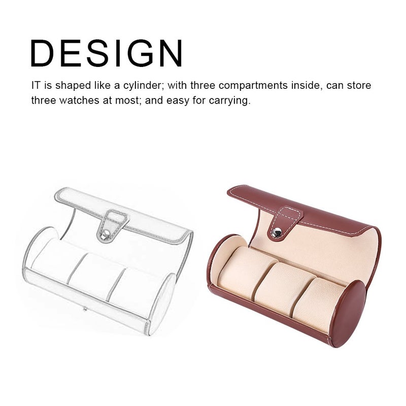 ZJchao Watch Box for Men, 3 Grids Cylinder Roll Holder Wristwatch Jewelry Gift Storage Display Case (Brown) - Image 2